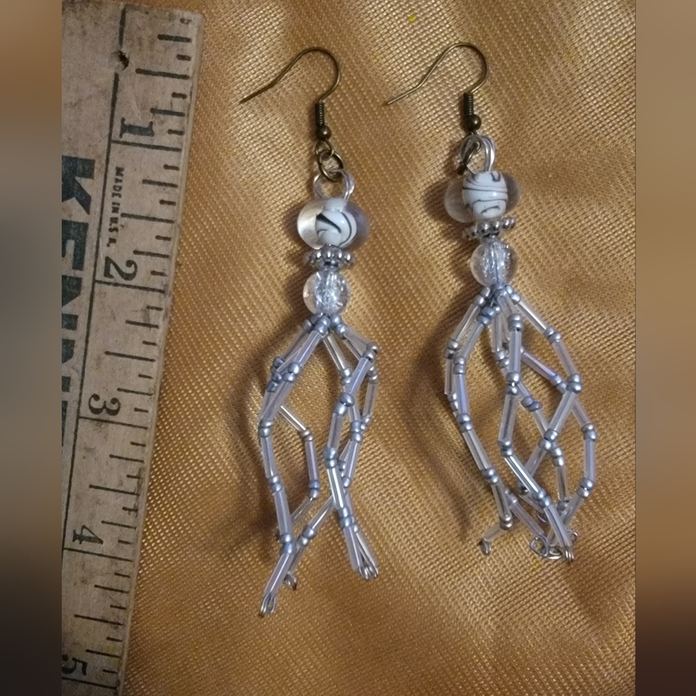 Handcrafted Silver Beaded Jellyfish Dangle Earrings - White Accent Bead